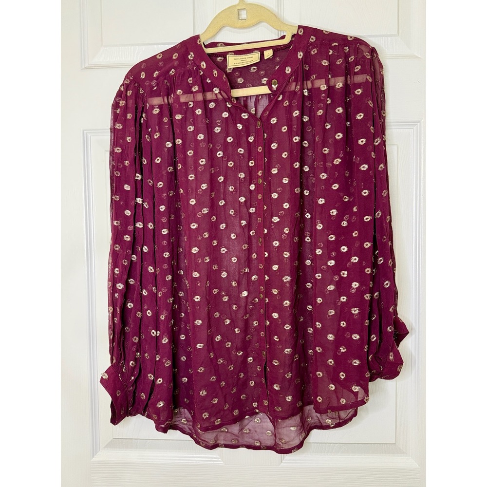 Moulinette Soeurs Blouse Women Large Plum Gold Fil Coupe Polka Dot Anthropologie